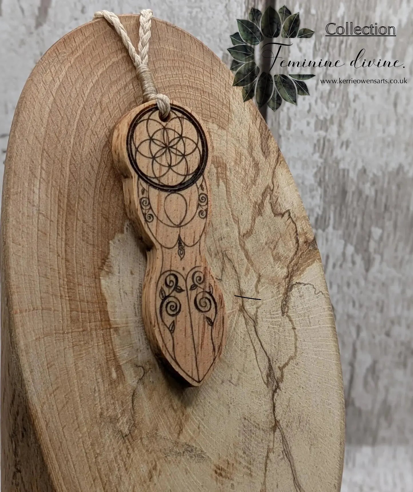 Yew wood tattooed goddess laser printed pendant.