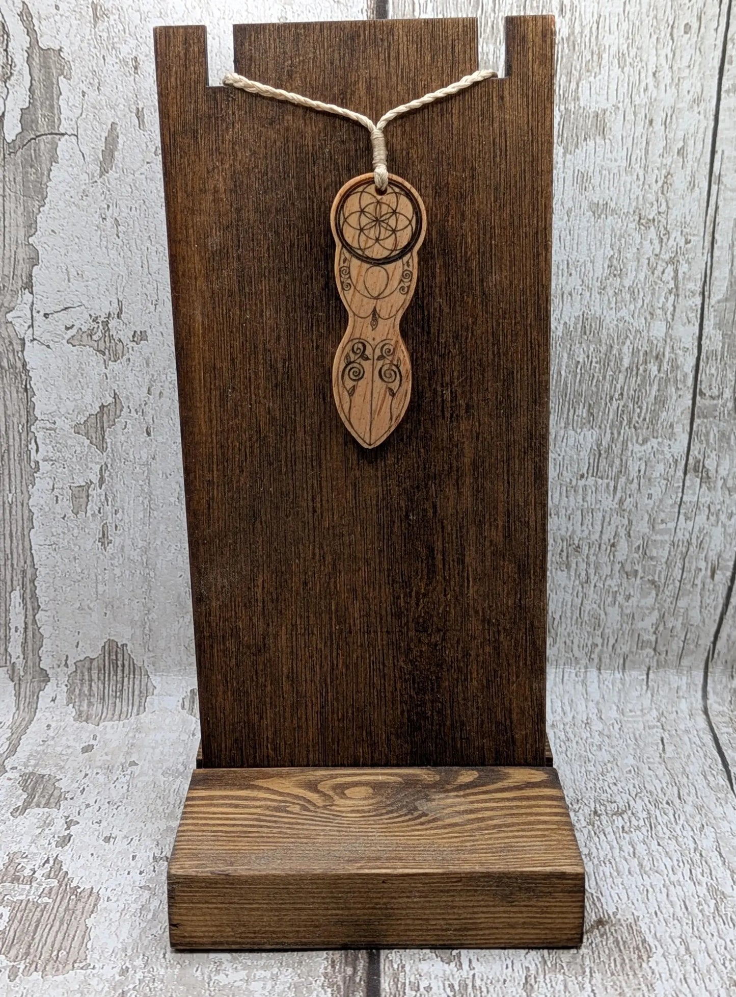 Yew wood tattooed goddess laser printed pendant.