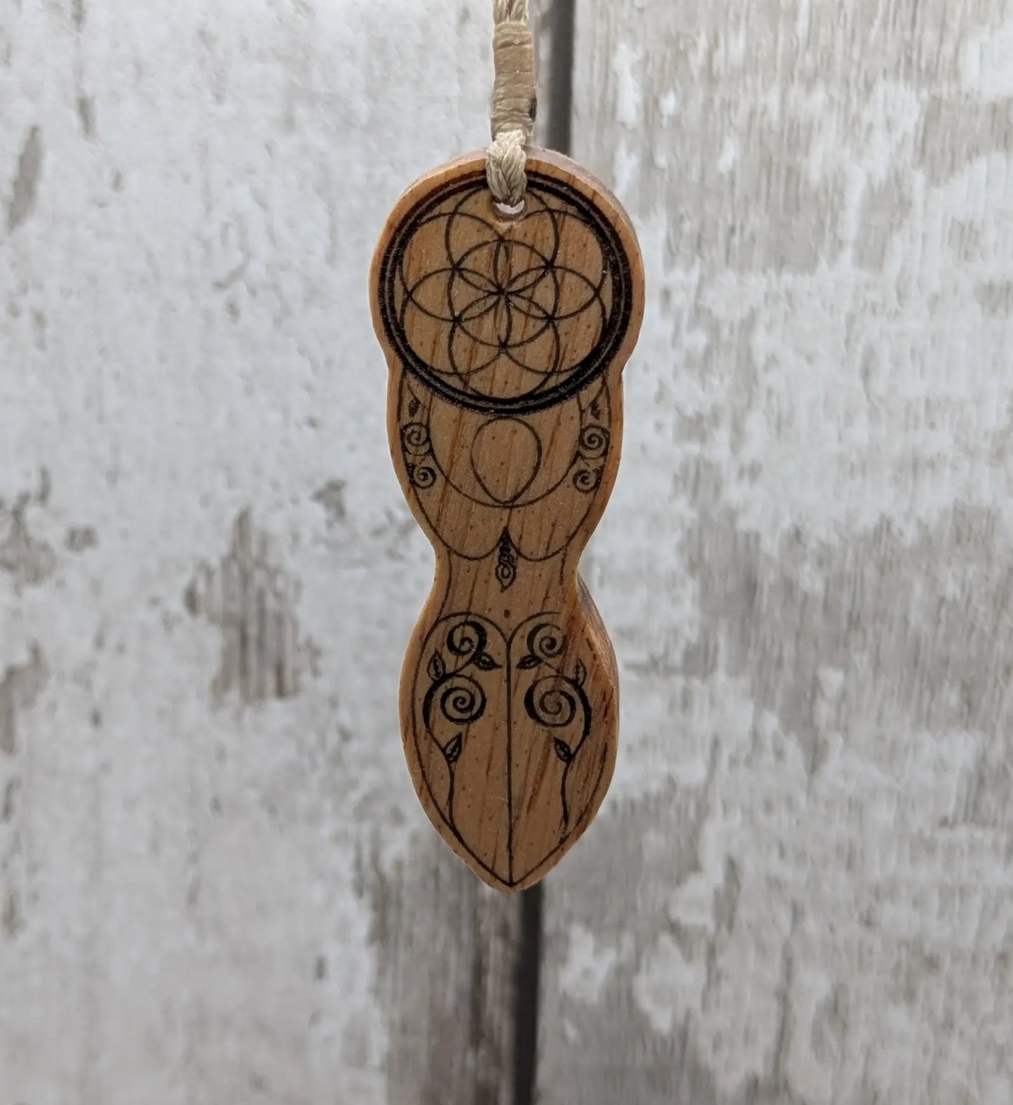Yew wood tattooed goddess laser printed pendant.