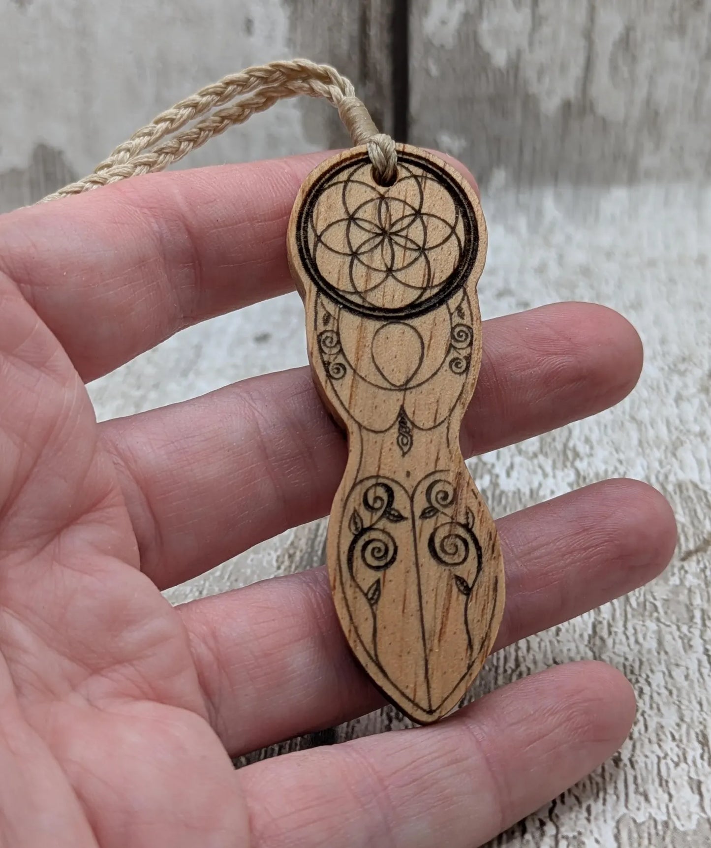 Yew wood tattooed goddess laser printed pendant.