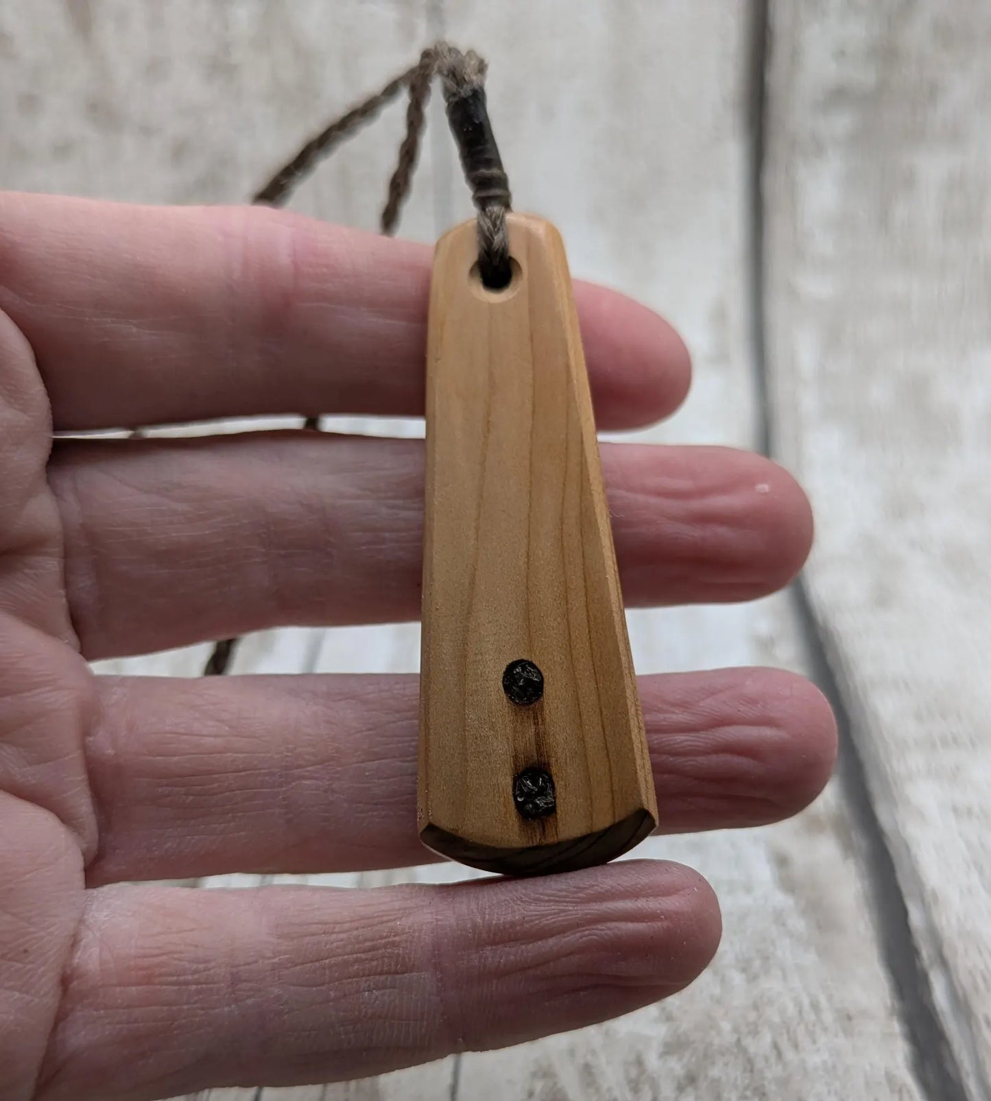 Yew Wood roimata drop pendant with Moldavite Inlay.