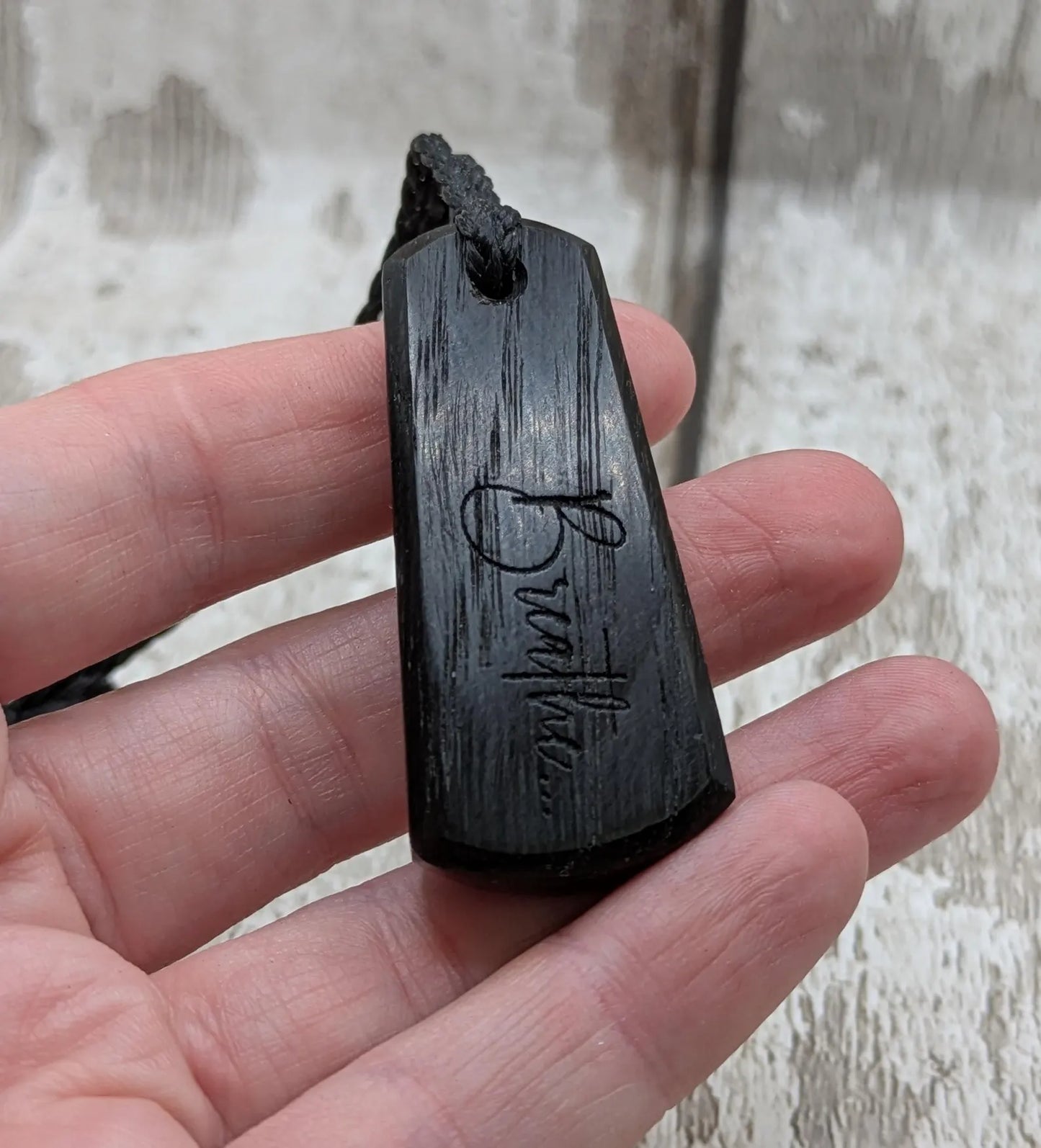 Fenland bog oak with laser printed breathe affirmation