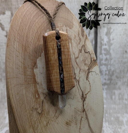 Swamp Kauri Codex Key Pendant – NZ Ancient Wood Wand with Pāua, Selenite and Hiddenite Inlay and Quartz Tip, Vibrational Energy Tool