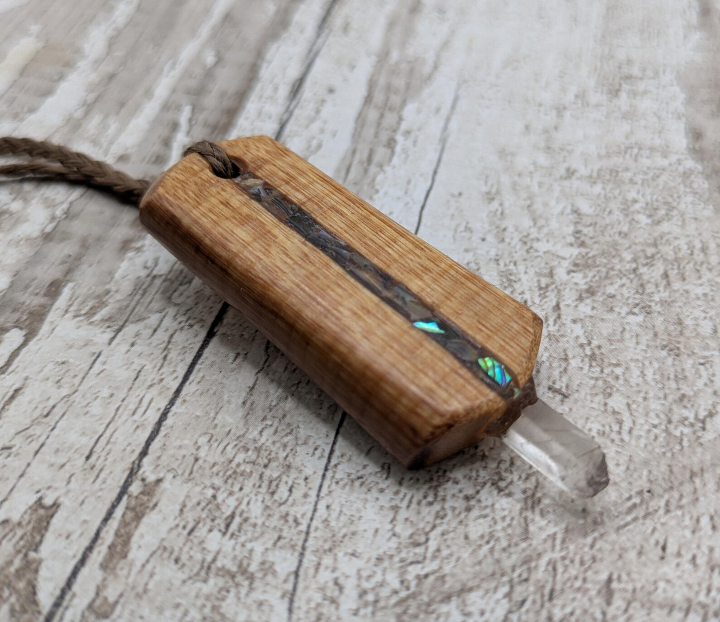 Swamp Kauri Codex Key Pendant – NZ Ancient Wood Wand with Pāua, Selenite and Hiddenite Inlay and Quartz Tip, Vibrational Energy Tool