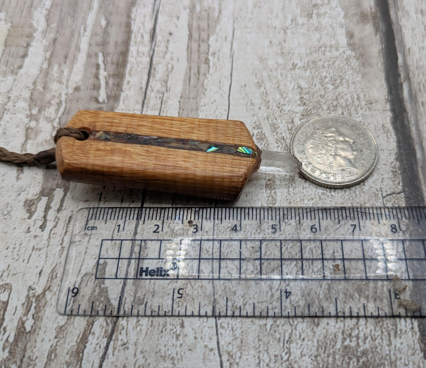 Swamp Kauri Codex Key Pendant – NZ Ancient Wood Wand with Pāua, Selenite and Hiddenite Inlay and Quartz Tip, Vibrational Energy Tool