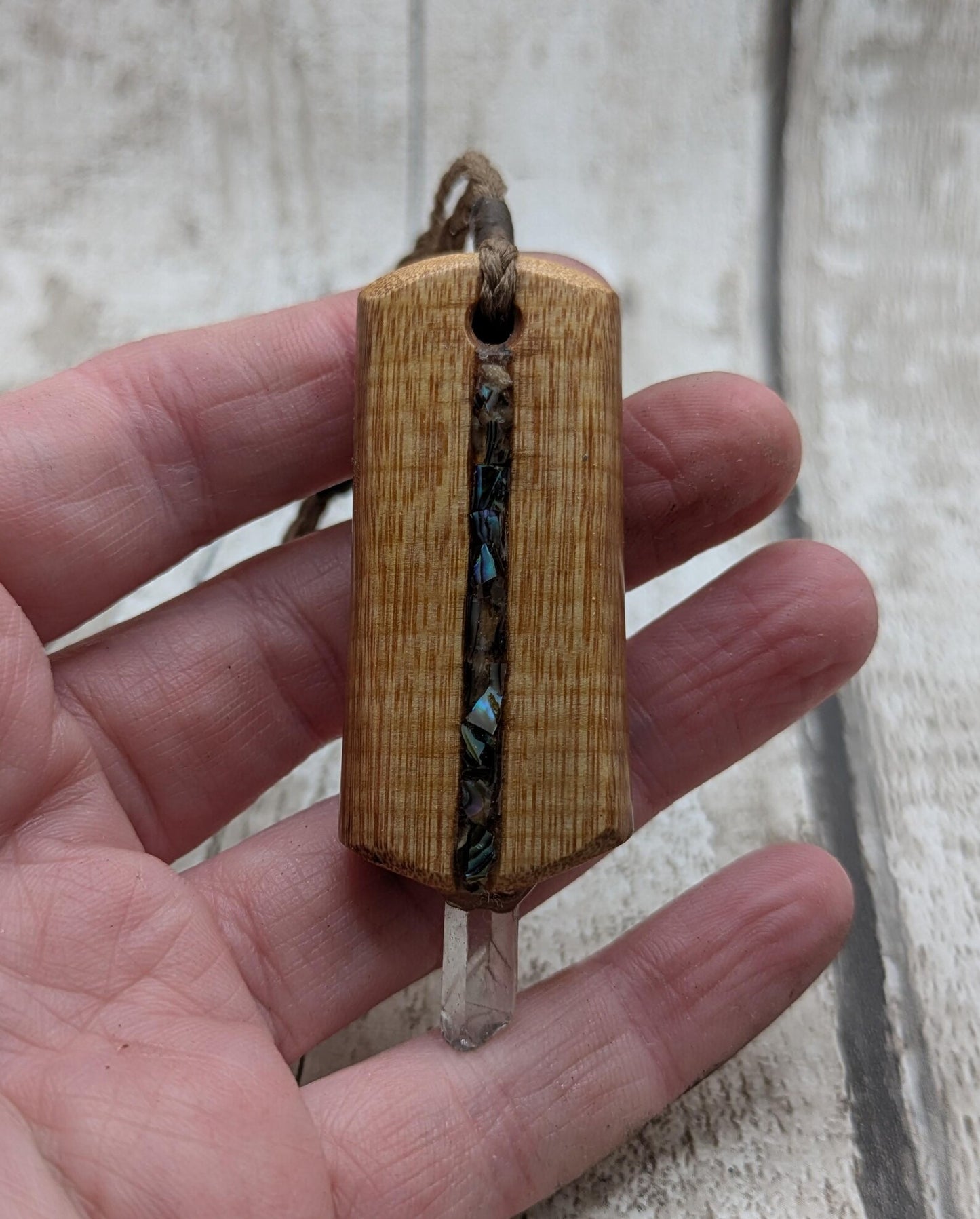 Swamp Kauri Codex Key Pendant – NZ Ancient Wood Wand with Pāua, Selenite and Hiddenite Inlay and Quartz Tip, Vibrational Energy Tool
