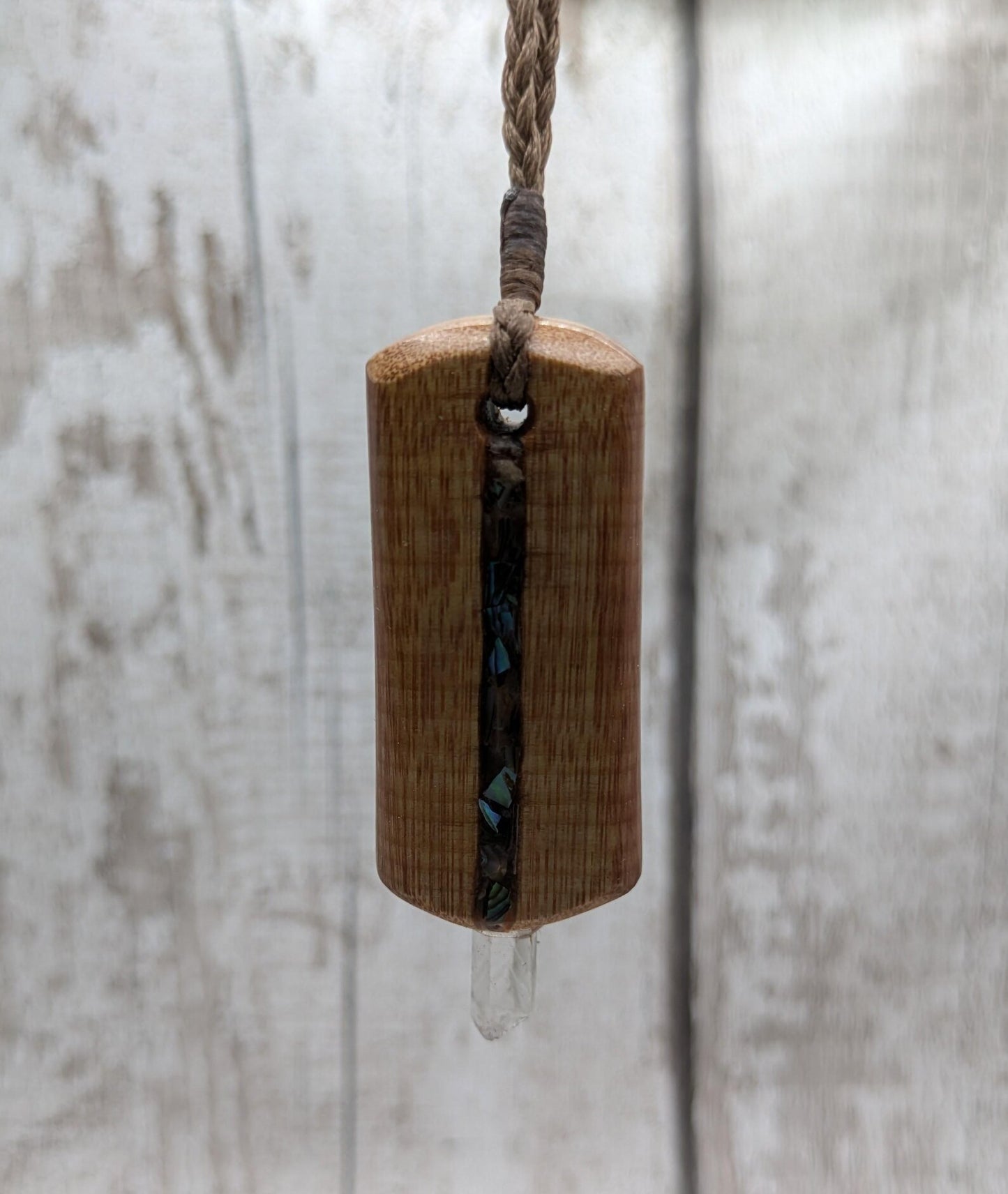Swamp Kauri Codex Key Pendant – NZ Ancient Wood Wand with Pāua, Selenite and Hiddenite Inlay and Quartz Tip, Vibrational Energy Tool