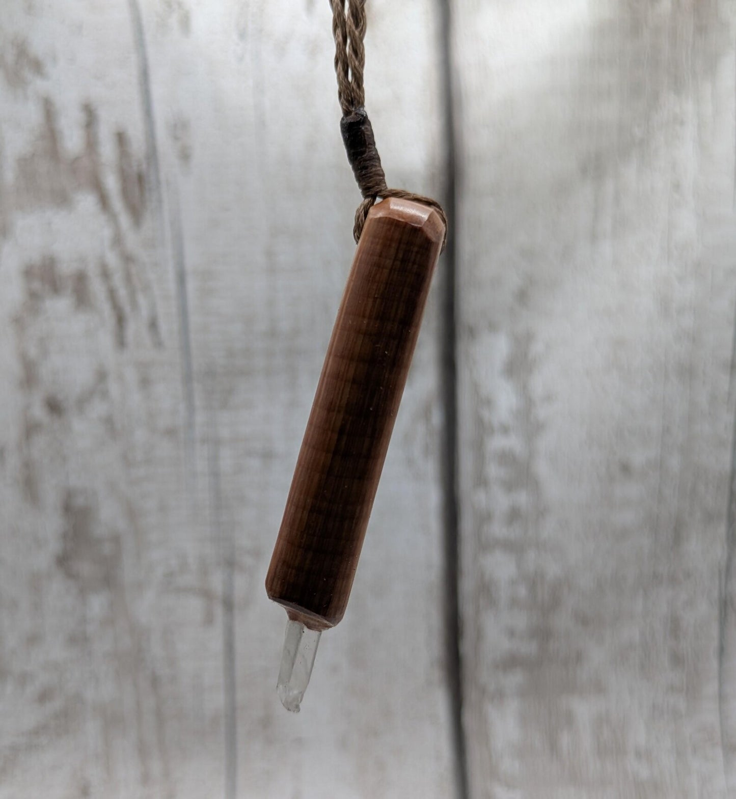 Swamp Kauri Codex Key Pendant – NZ Ancient Wood Wand with Pāua, Selenite and Hiddenite Inlay and Quartz Tip, Vibrational Energy Tool