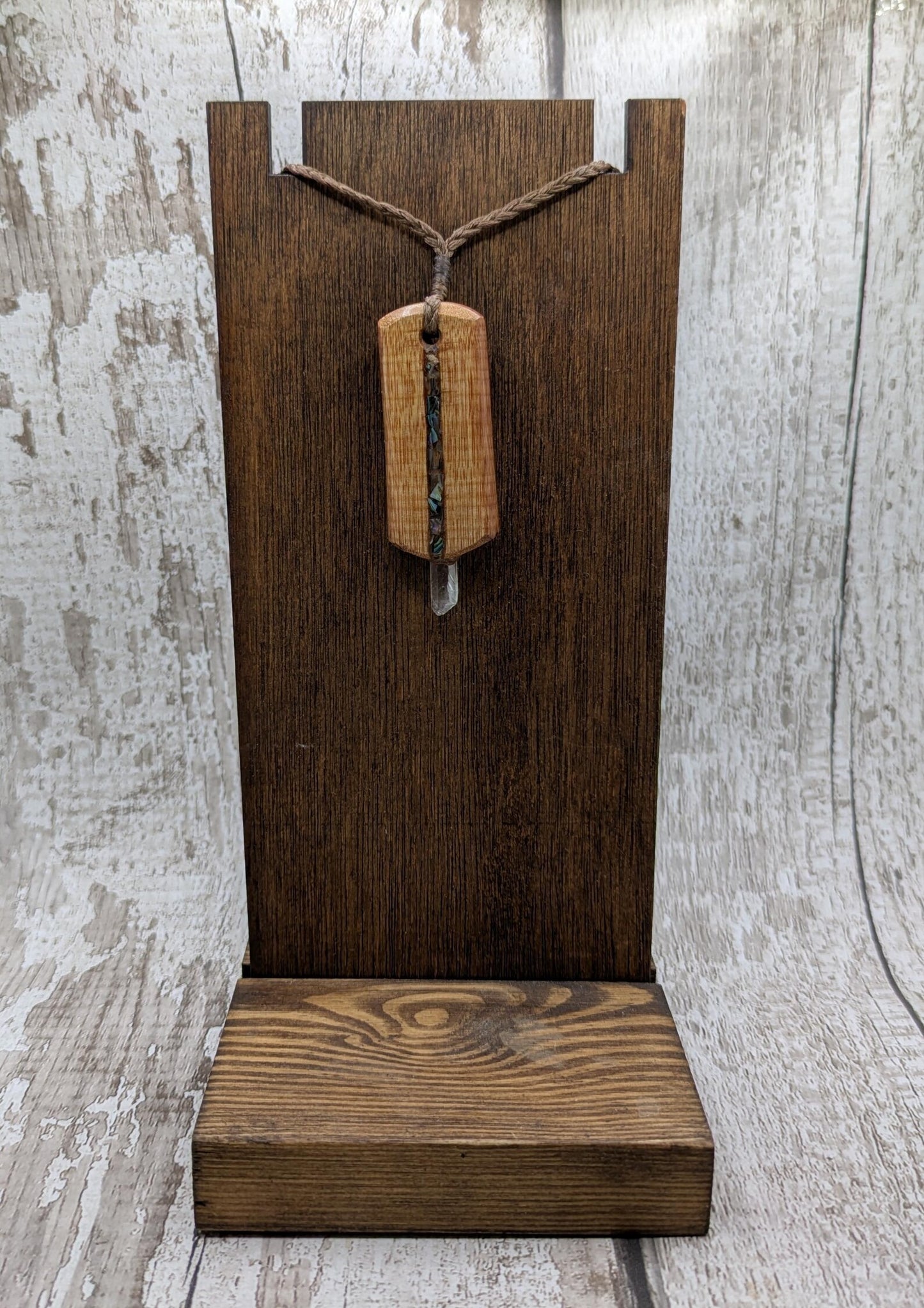 Swamp Kauri Codex Key Pendant – NZ Ancient Wood Wand with Pāua, Selenite and Hiddenite Inlay and Quartz Tip, Vibrational Energy Tool