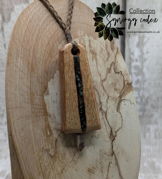Swamp Kauri Synergy Key Pendant – NZ Ancient Wood Wand with Pounamu, Selenite, Hiddenite Inlay and Quartz Point, Vibrational Energy Tool