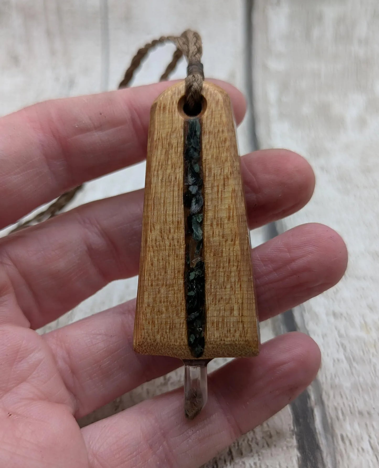 Swamp Kauri Synergy Key Pendant – NZ Ancient Wood Wand with Pounamu, Selenite, Hiddenite Inlay and Quartz Point, Vibrational Energy Tool