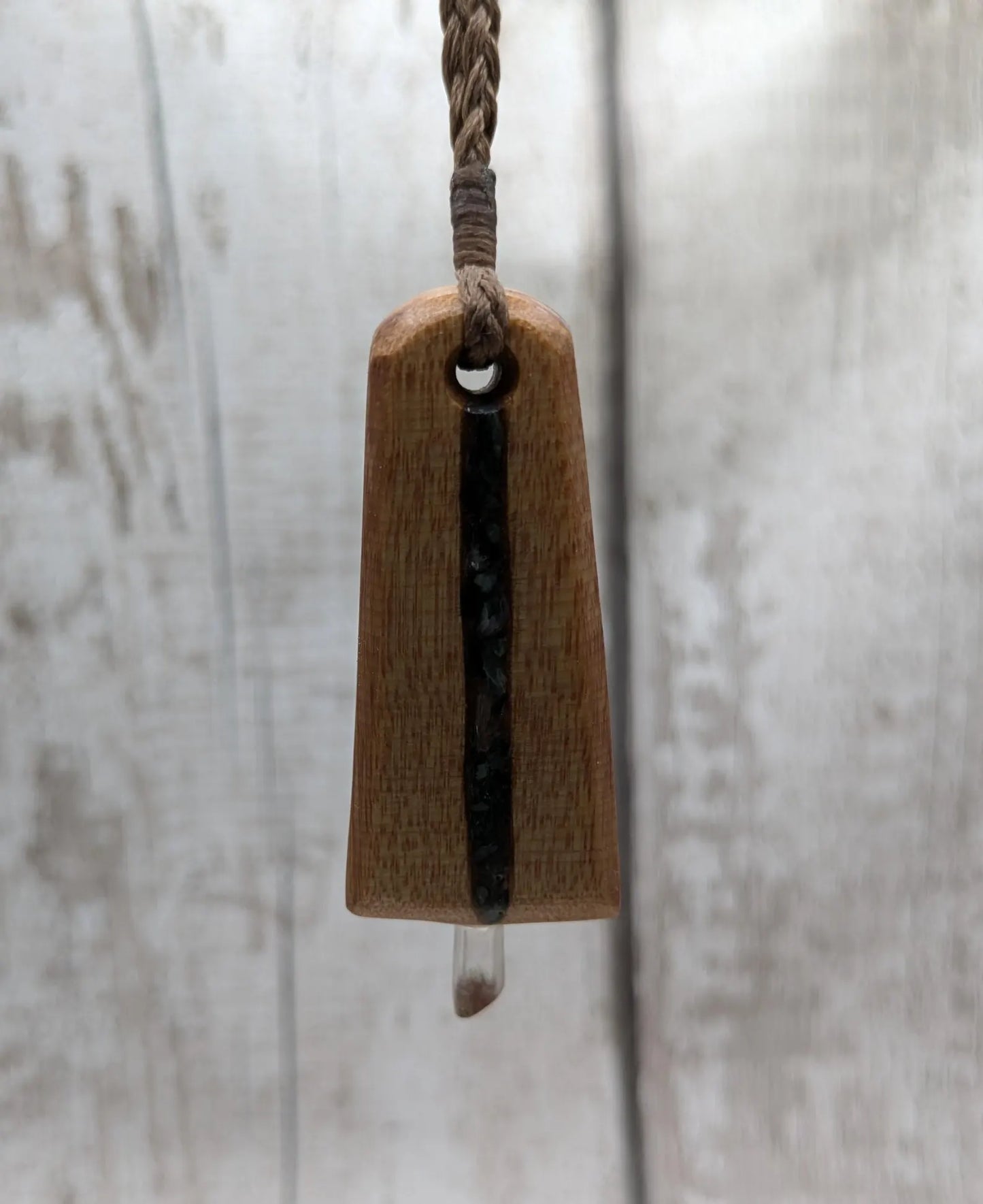 Swamp Kauri Synergy Key Pendant – NZ Ancient Wood Wand with Pounamu, Selenite, Hiddenite Inlay and Quartz Point, Vibrational Energy Tool