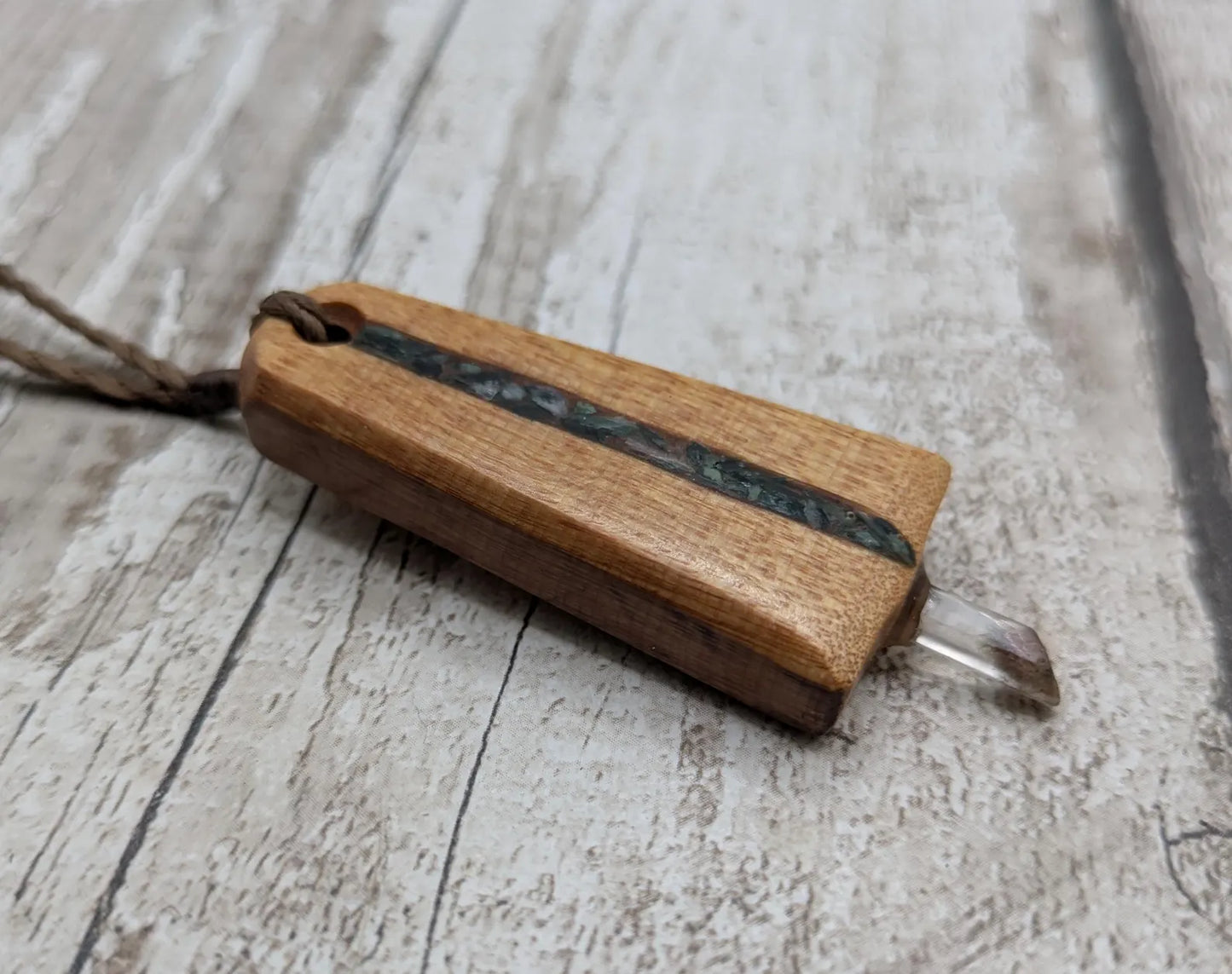 Swamp Kauri Synergy Key Pendant – NZ Ancient Wood Wand with Pounamu, Selenite, Hiddenite Inlay and Quartz Point, Vibrational Energy Tool