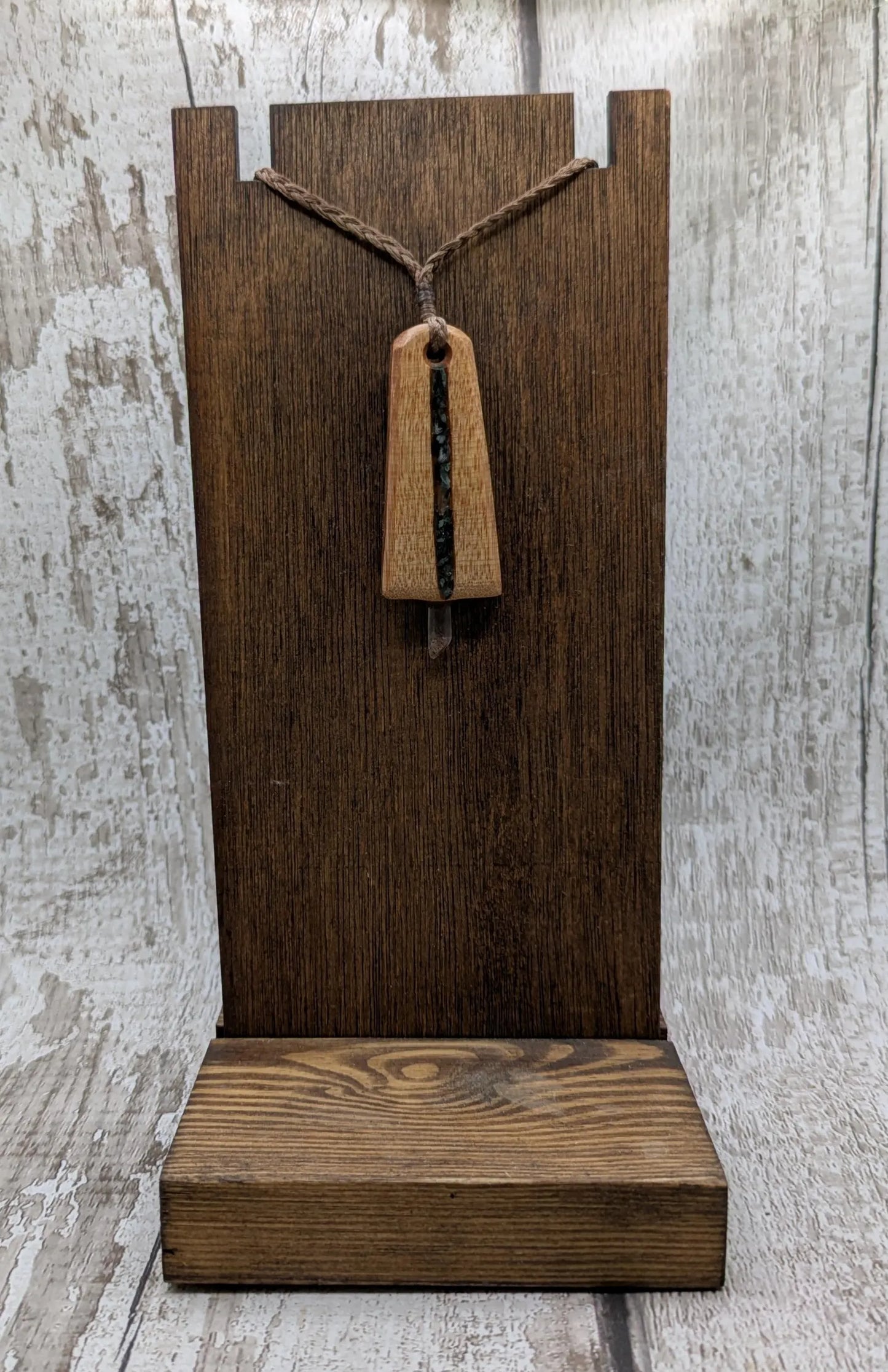 Swamp Kauri Synergy Key Pendant – NZ Ancient Wood Wand with Pounamu, Selenite, Hiddenite Inlay and Quartz Point, Vibrational Energy Tool