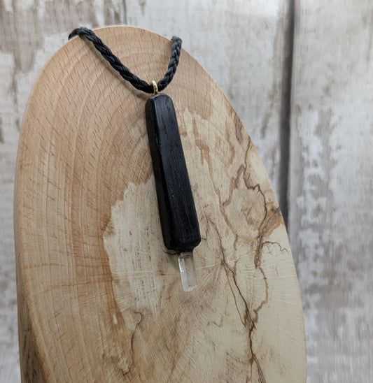 Fenland Bog Oak & Quartz Crystal Mini Wand Pendant. Grounding Healing Wand, Natural Crystal Energy Tool, Spiritual Healing Transformation