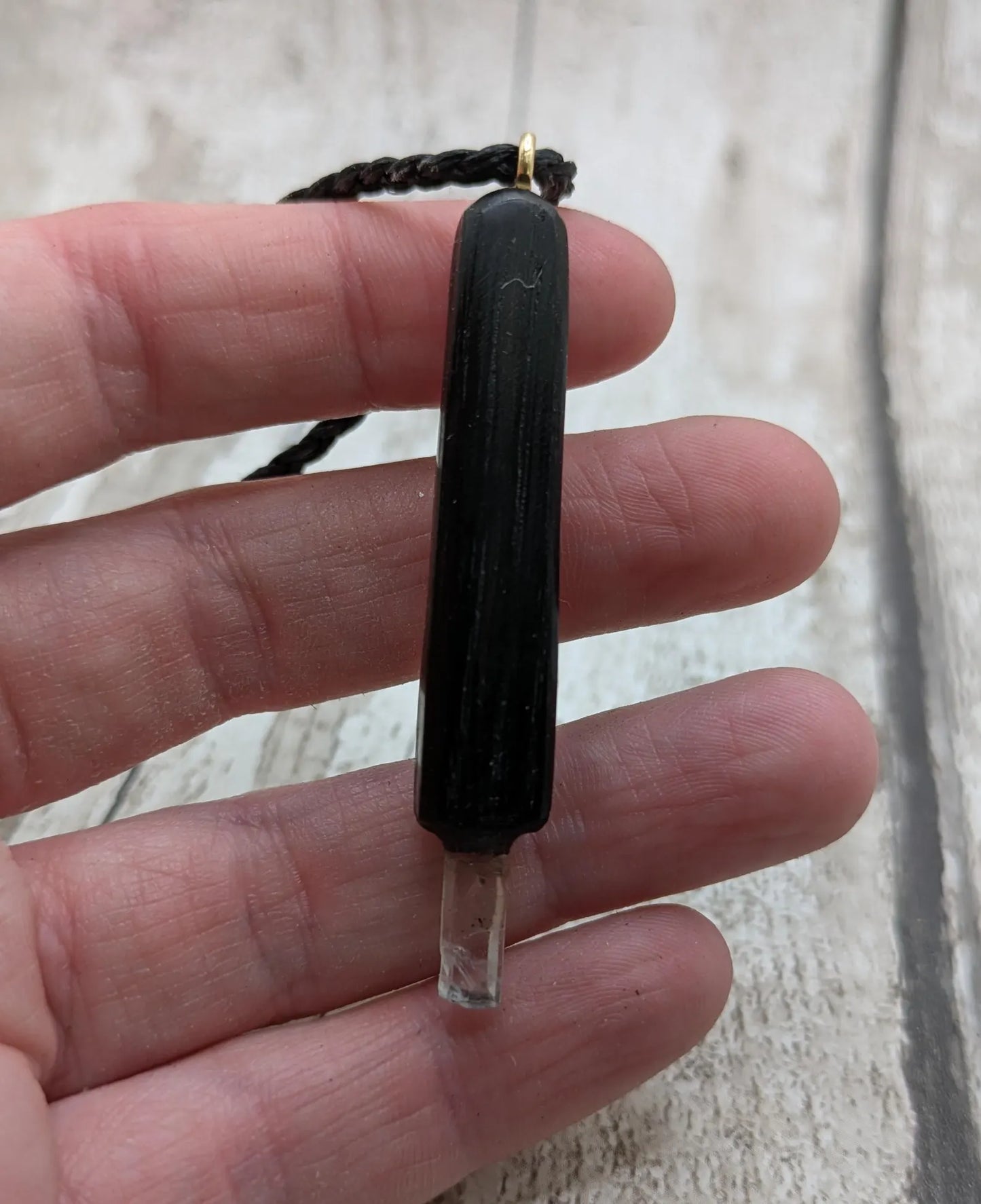 Fenland Bog Oak & Quartz Crystal Mini Wand Pendant. Grounding Healing Wand, Natural Crystal Energy Tool, Spiritual Healing Transformation