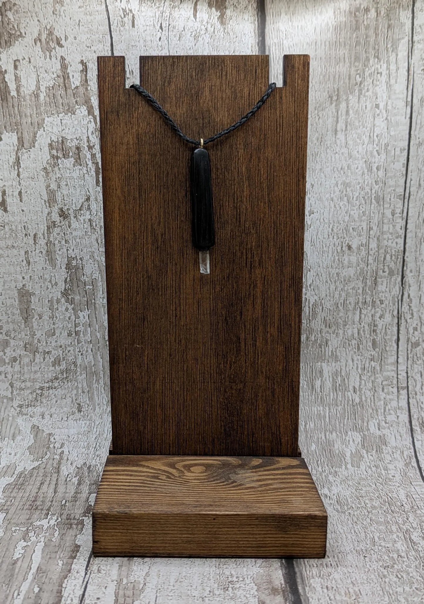 Fenland Bog Oak & Quartz Crystal Mini Wand Pendant. Grounding Healing Wand, Natural Crystal Energy Tool, Spiritual Healing Transformation