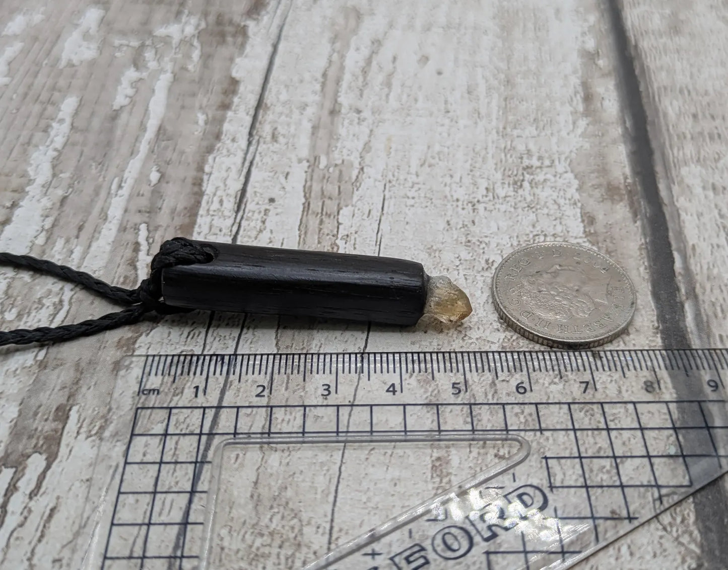 Fenland Bog Oak Mini Wand Pendant with Citrine Crystal - Handcrafted Wooden Pendant, UV Resin Inlay, Natural Healing Jewellery, Unique Gift