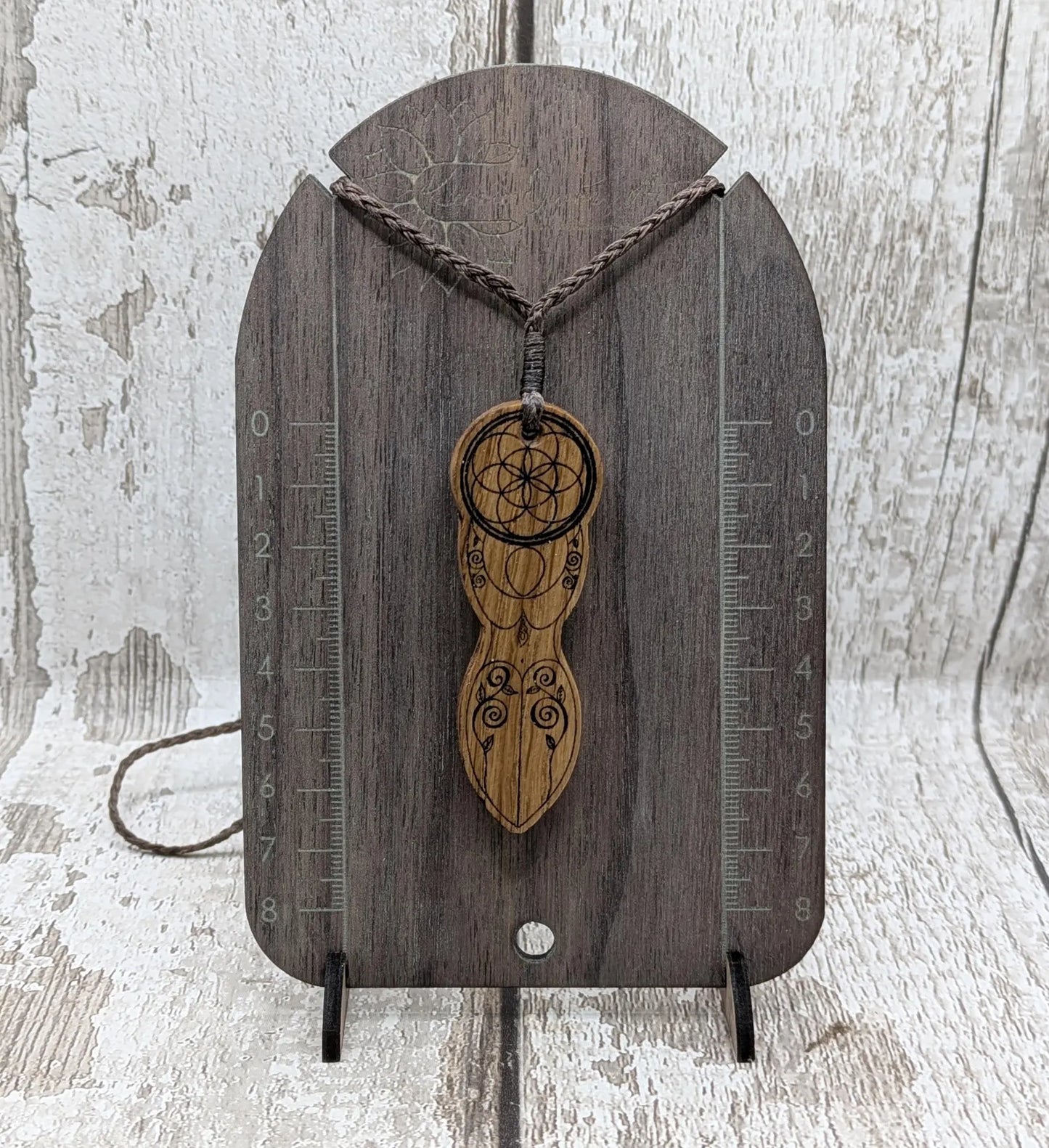Oak wood laser printed tattooed goddess pendant.