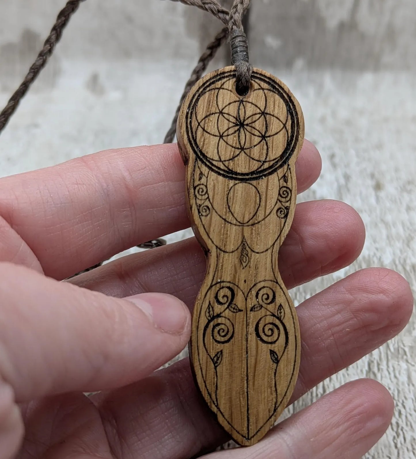 Oak wood laser printed tattooed goddess pendant.