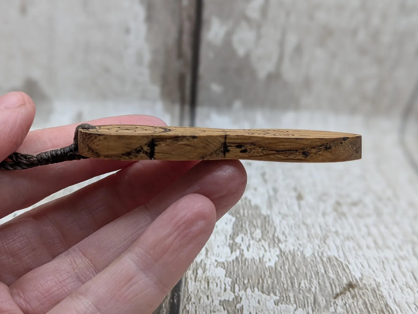 Oak wood laser printed tattooed goddess pendant.