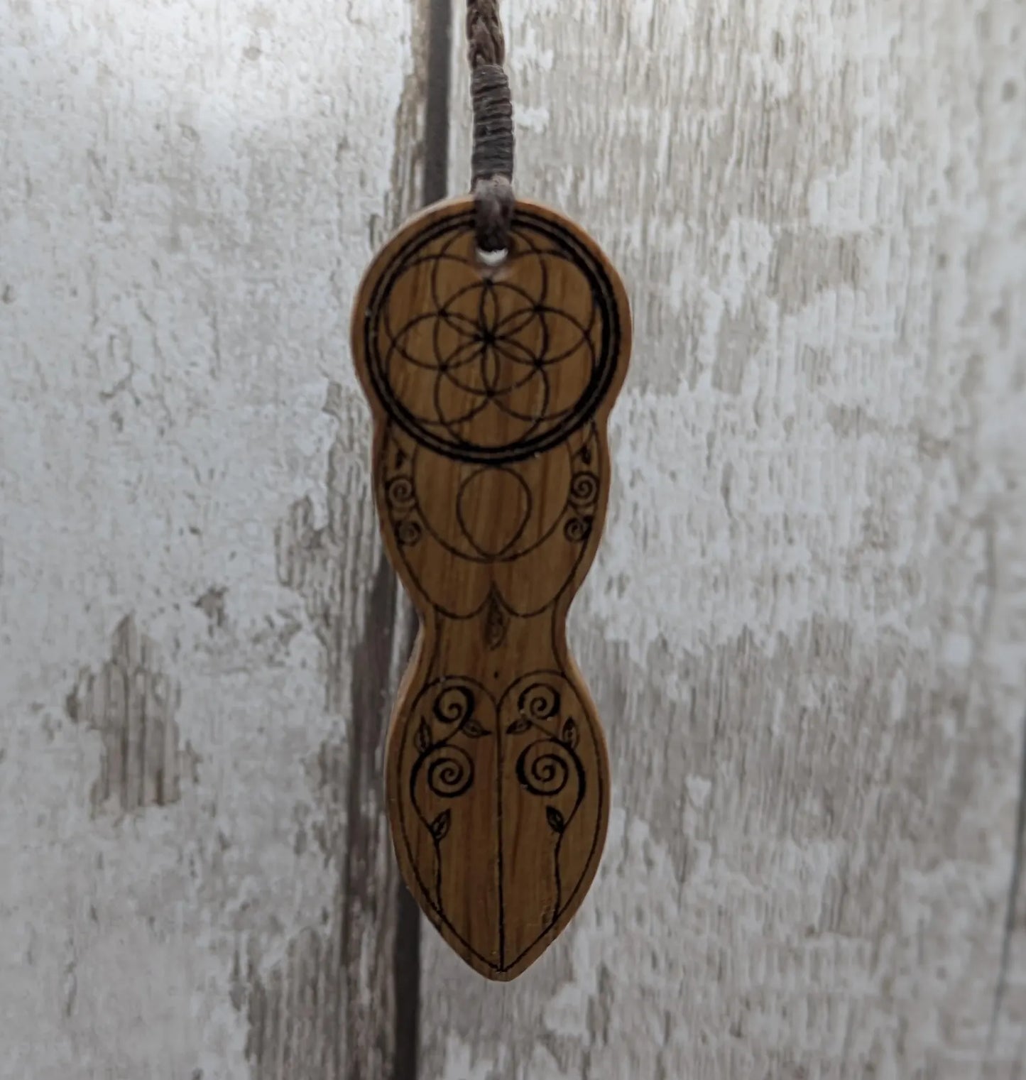Oak wood laser printed tattooed goddess pendant.