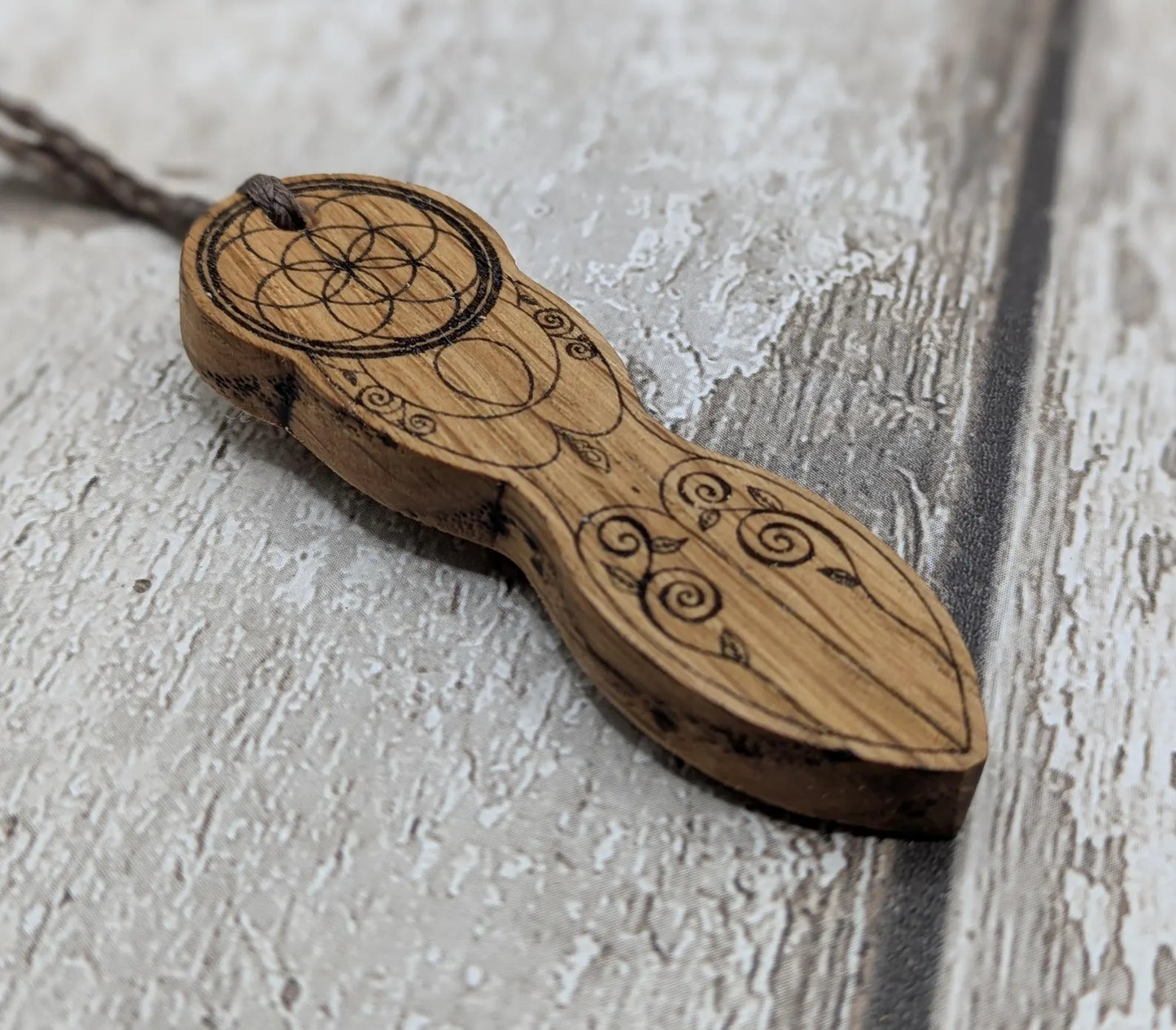 Oak wood laser printed tattooed goddess pendant.