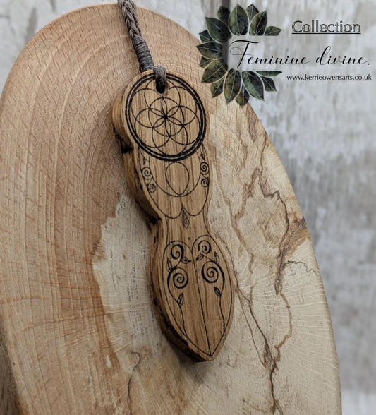 Oak wood laser printed tattooed goddess pendant.