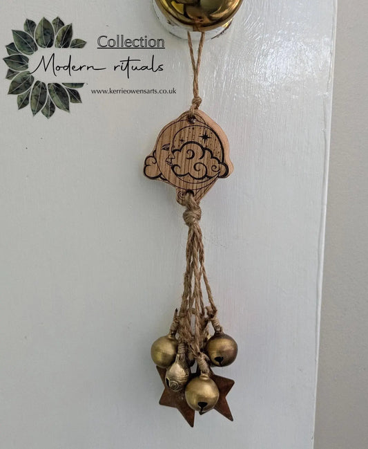 Vintage look moon laser printed with bells decoration. In sweet chestnut or lime wood.