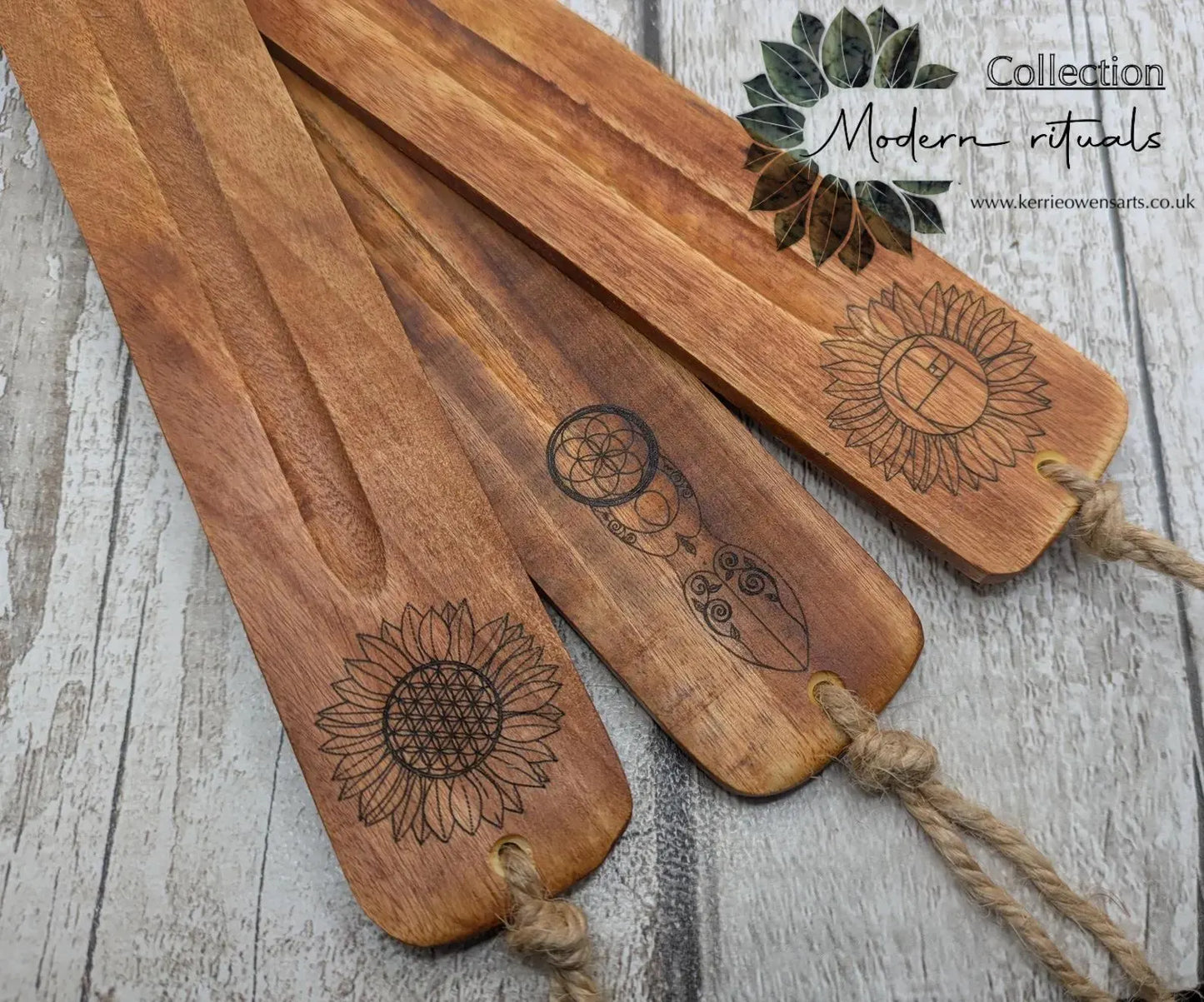 Recycled mango wood laser printed incense stick holders.