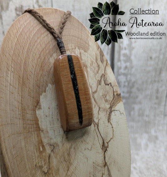 NZ Swamp Kauri Hei Toki Adze Pendant with Aotea Stone, Fuchsite and Blue Kyanite Inlay, Recycled Wood Spiritual Necklace