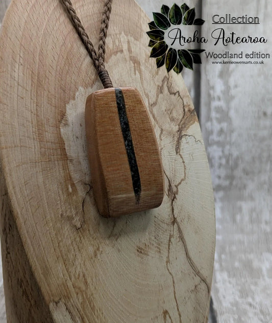NZ Swamp Kauri Hei Toki Adze Pendant with Aotea Stone, Fuchsite and Blue Kyanite Inlay, Recycled Wood Spiritual Necklace