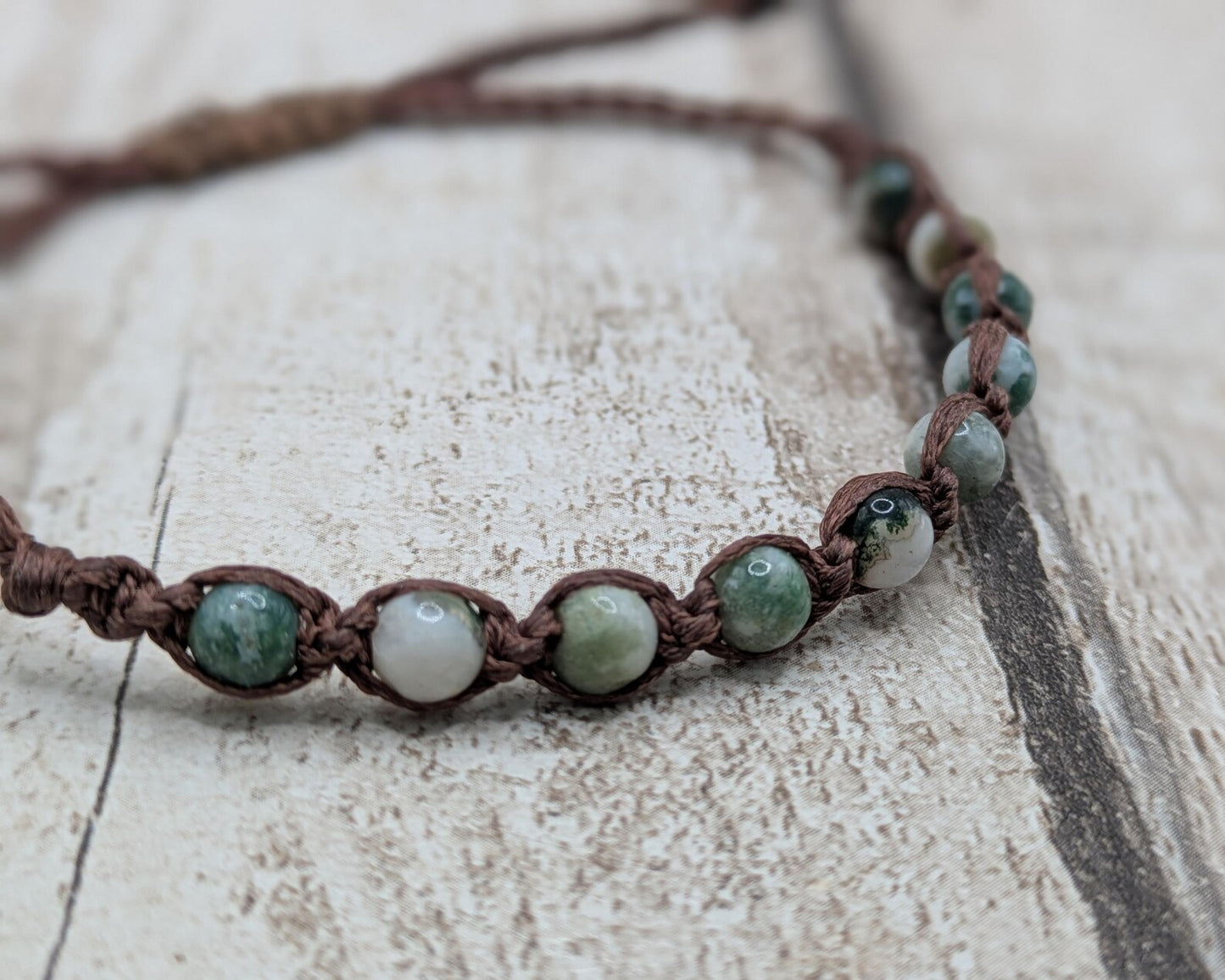 Green moss agate macramé beaded adjustable bracelet.