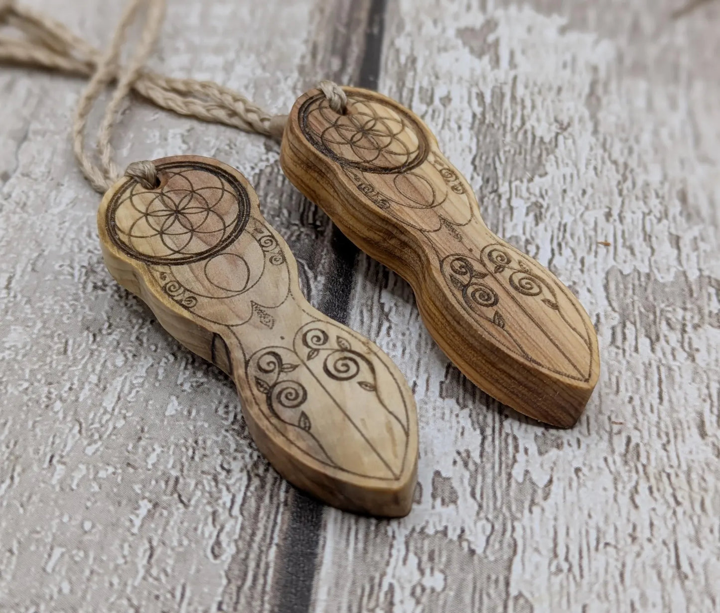 Yew wood goddess laser printed pendant.