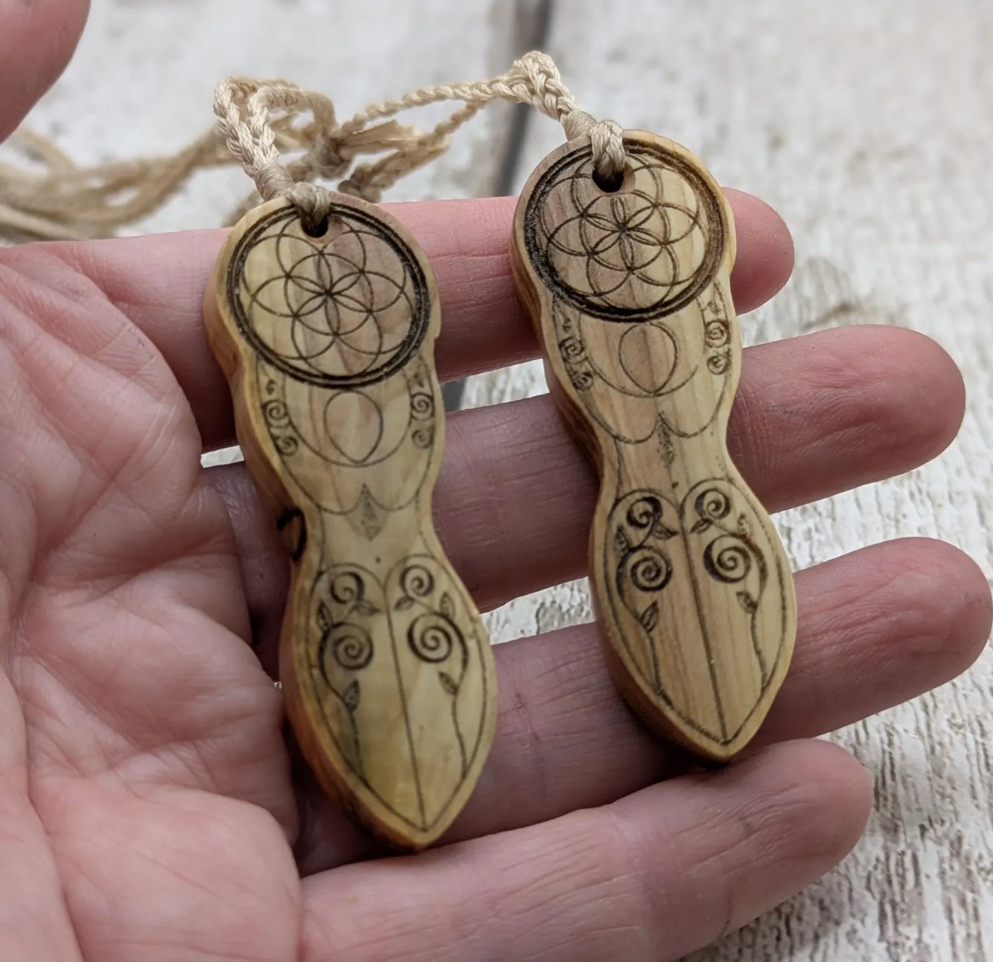 Yew wood goddess laser printed pendant.