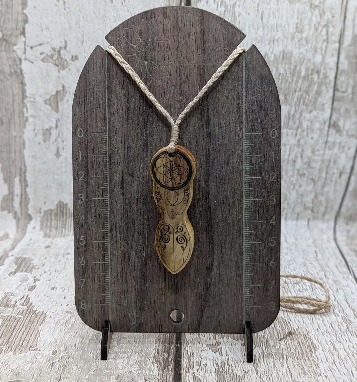 Yew wood goddess laser printed pendant.