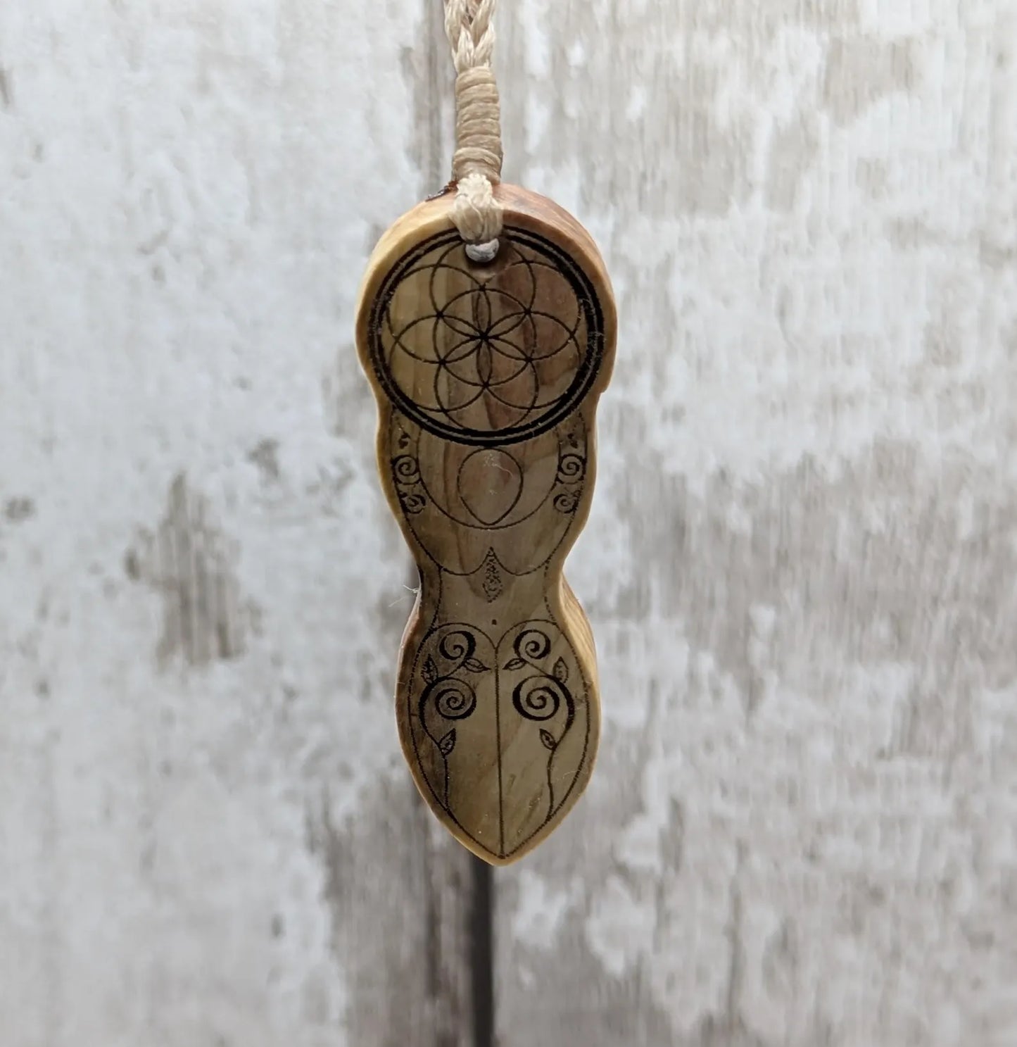 Yew wood goddess laser printed pendant.