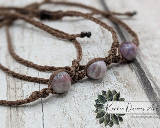 Pink tourmaline beaded macramé woven adjustable bracelet