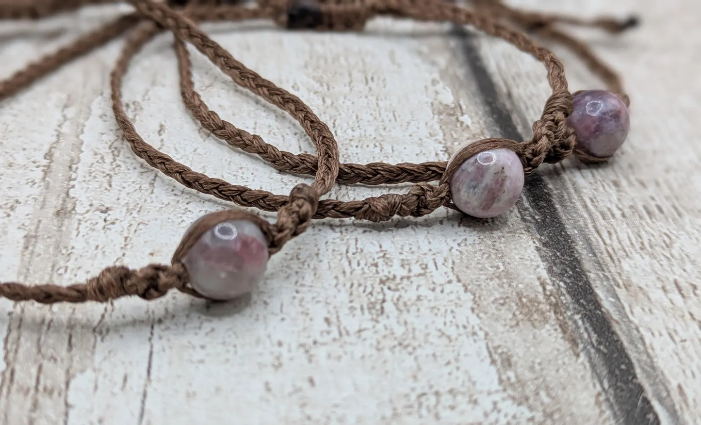 Pink tourmaline beaded macramé woven adjustable bracelet