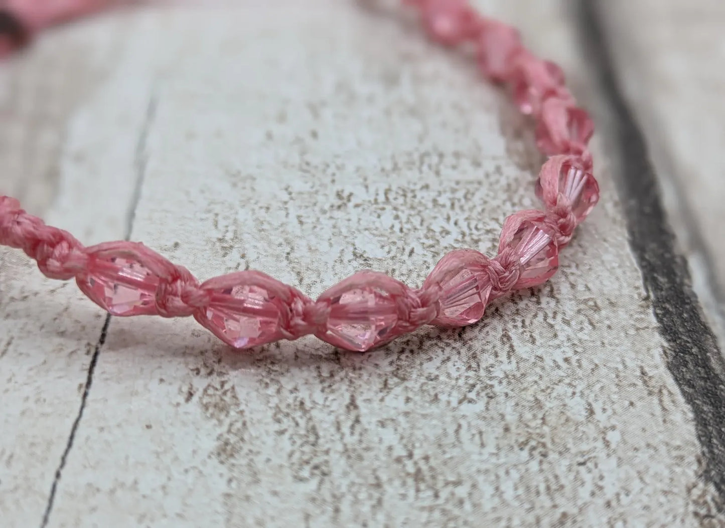 Pink faceted glass beaded macramé woven adjustable bracelet