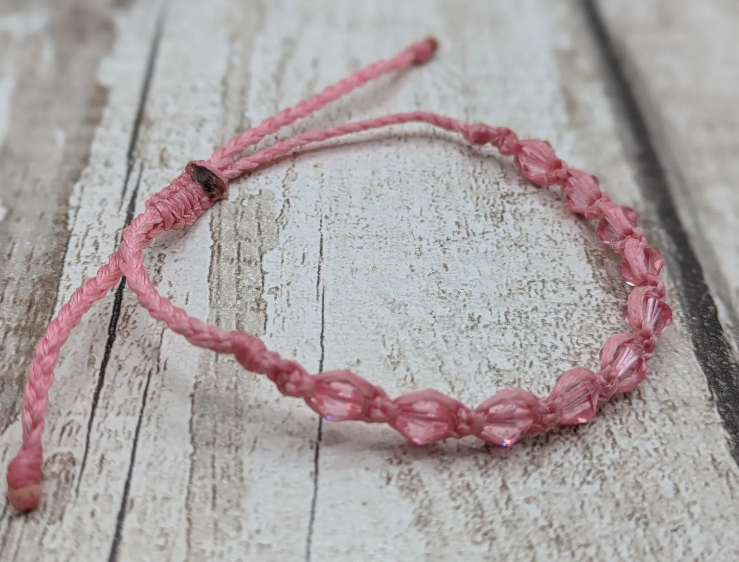 Pink faceted glass beaded macramé woven adjustable bracelet
