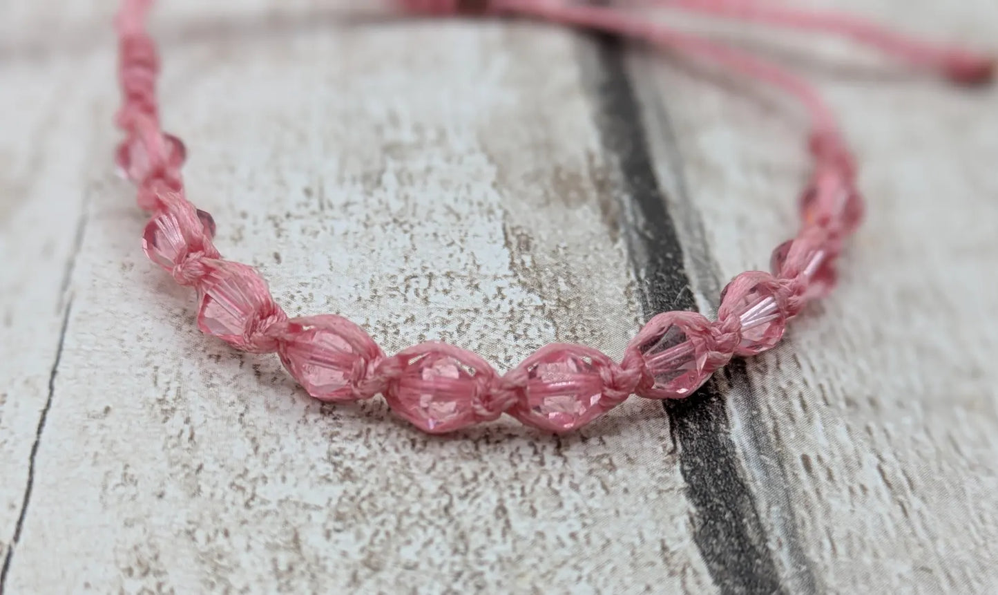 Pink faceted glass beaded macramé woven adjustable bracelet