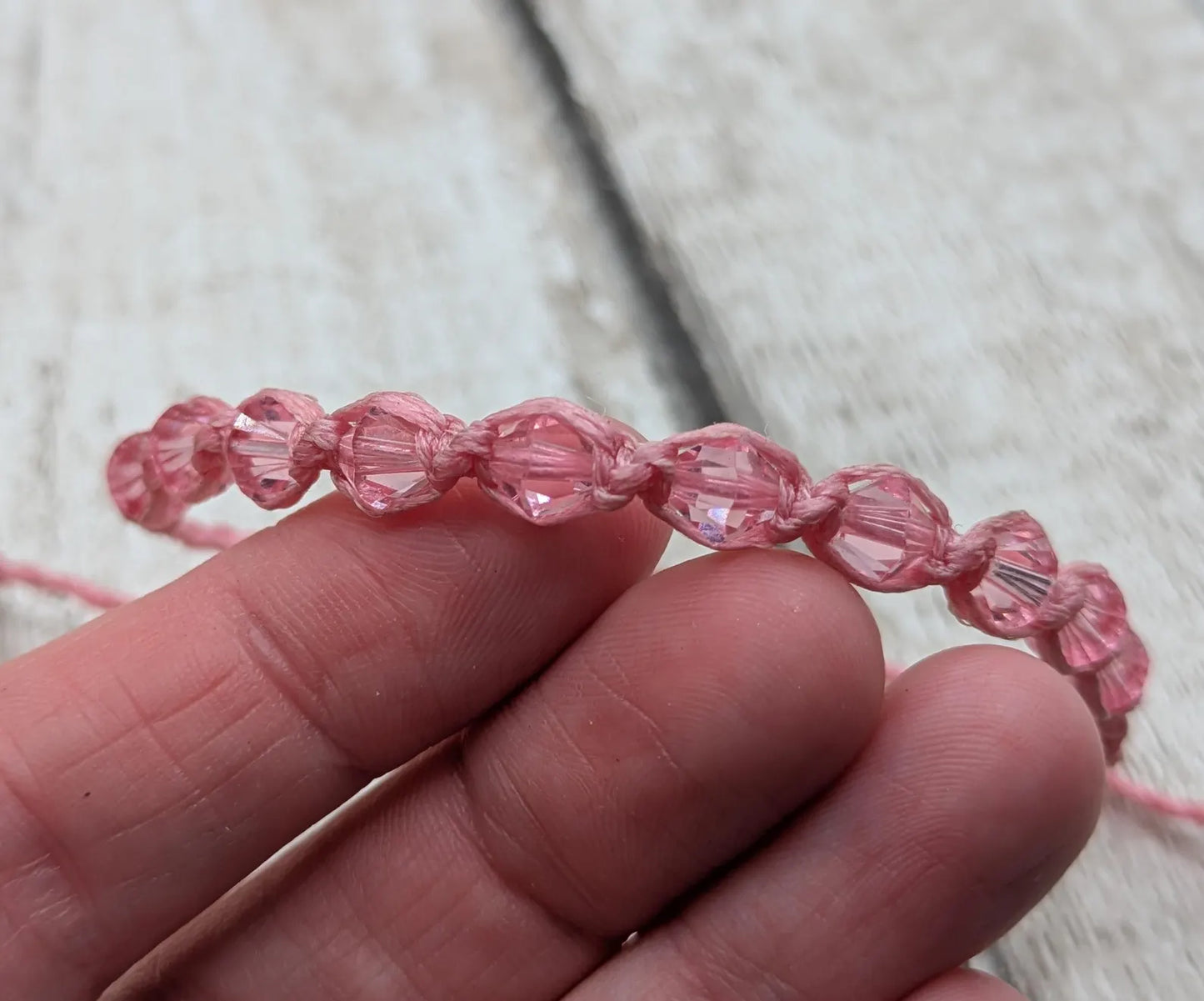 Pink faceted glass beaded macramé woven adjustable bracelet