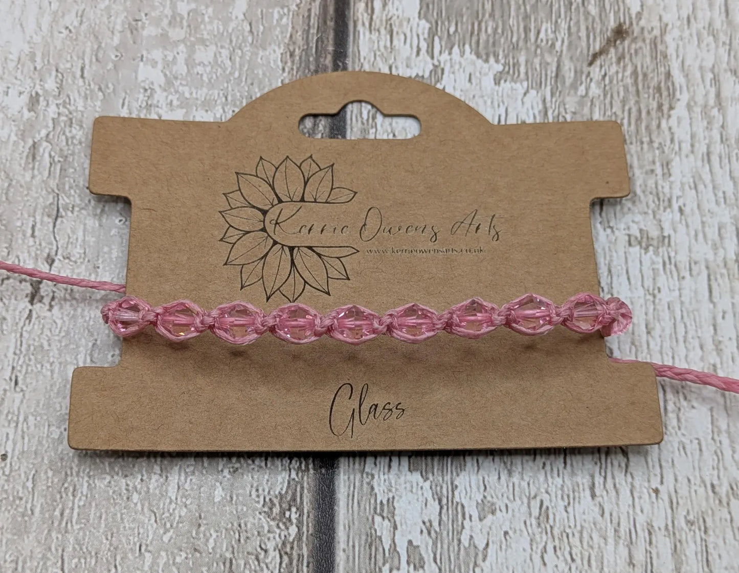 Pink faceted glass beaded macramé woven adjustable bracelet