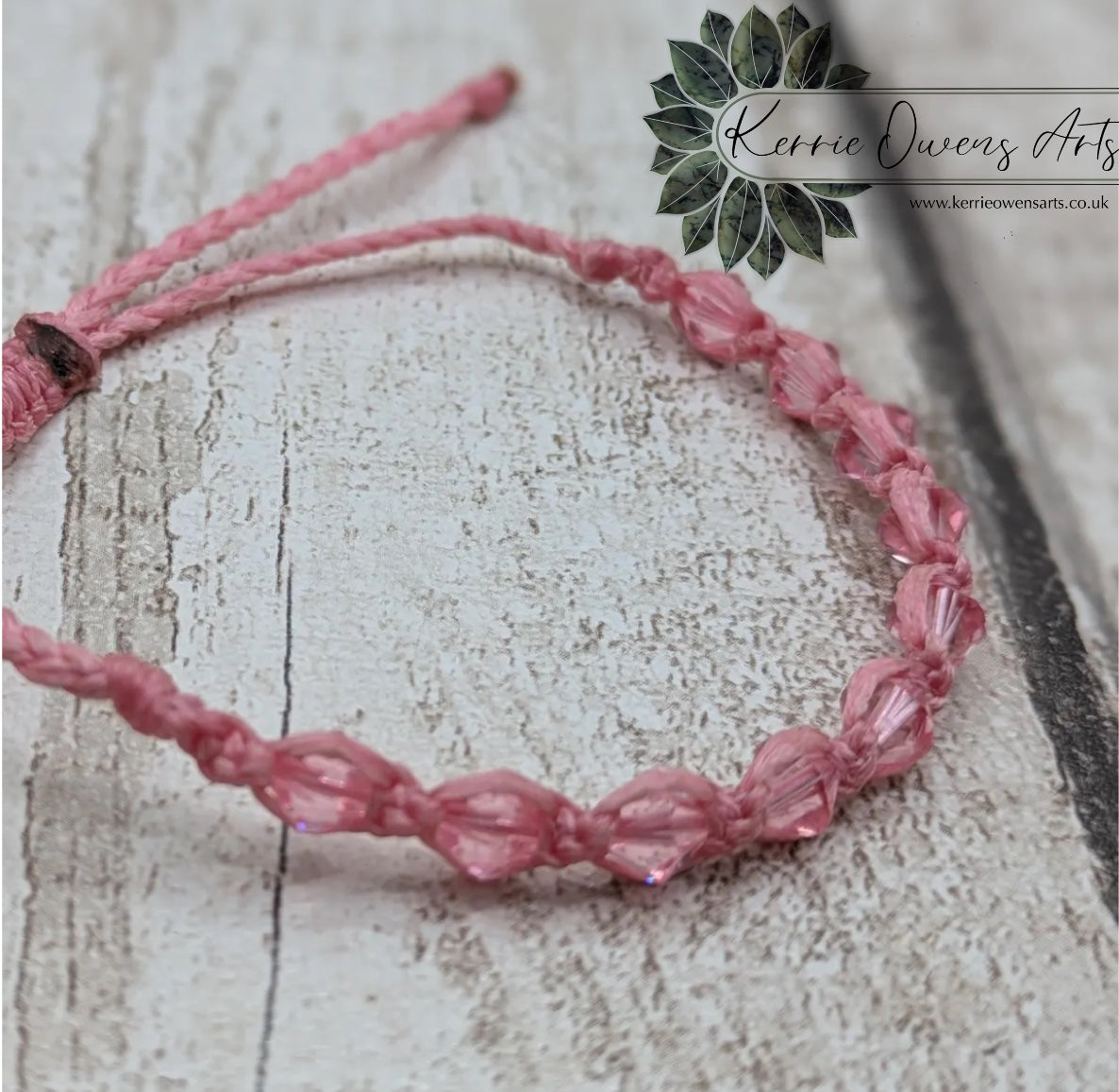 Pink faceted glass beaded macramé woven adjustable bracelet