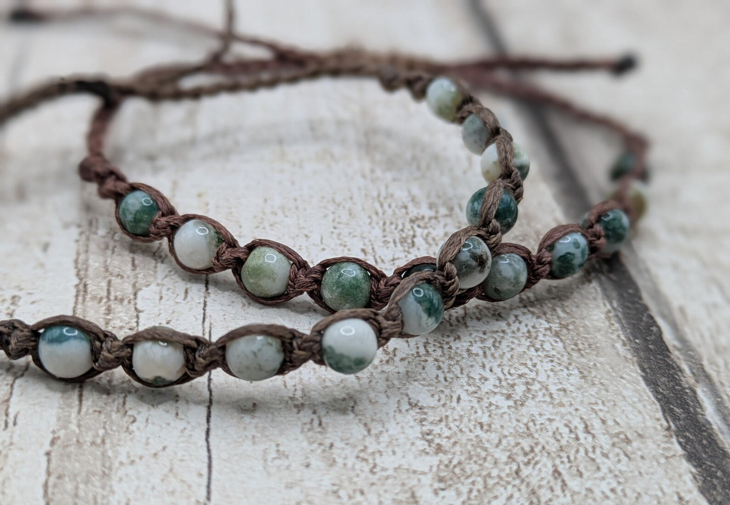 Green moss agate macramé beaded adjustable bracelet.
