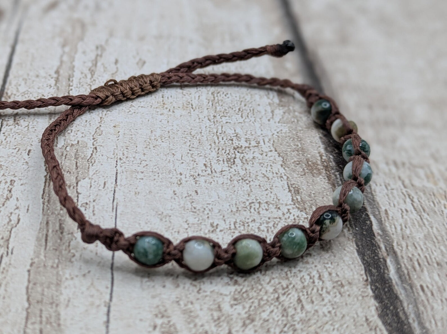 Green moss agate macramé beaded adjustable bracelet.