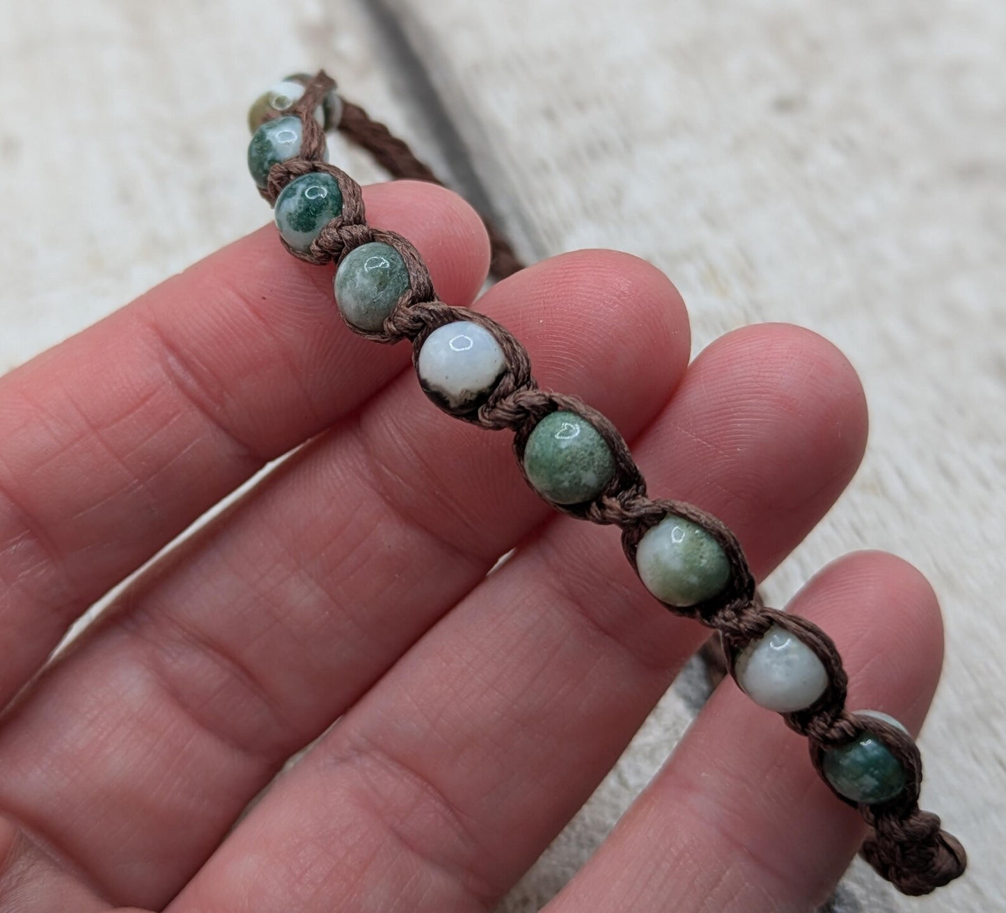 Green moss agate macramé beaded adjustable bracelet.
