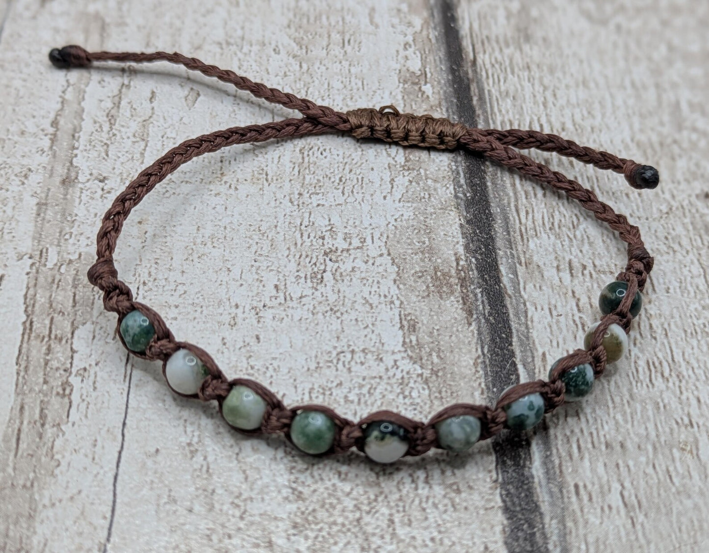 Green moss agate macramé beaded adjustable bracelet.