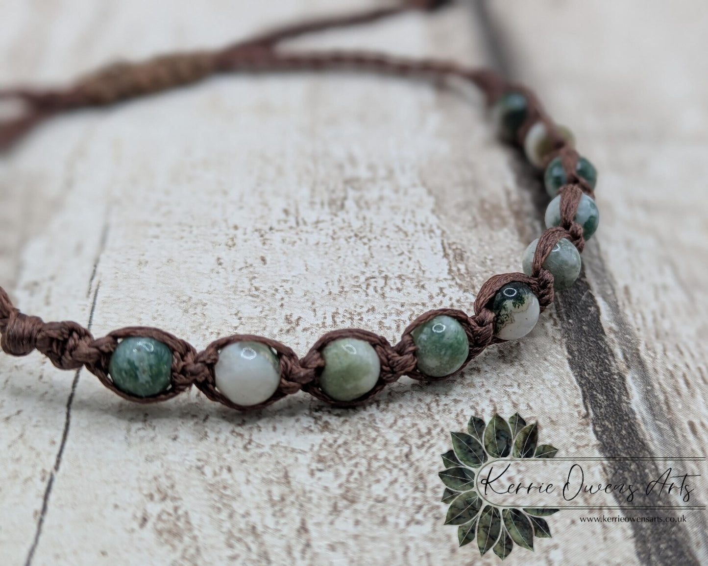 Green moss agate macramé beaded adjustable bracelet.